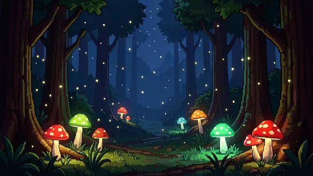 16-bit pixel art of a dark night forest with glowing spotted mushrooms and floating luminous spores