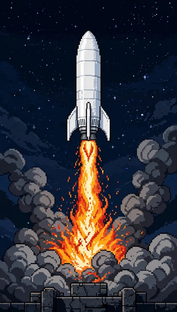 A plain white pixel art rocket lifts off from a launch pad against a starry night sky on a pillar of fire and smoke.
