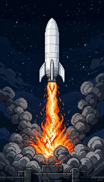 A plain white pixel art rocket lifts off from a launch pad against a starry night sky on a pillar of fire and smoke.