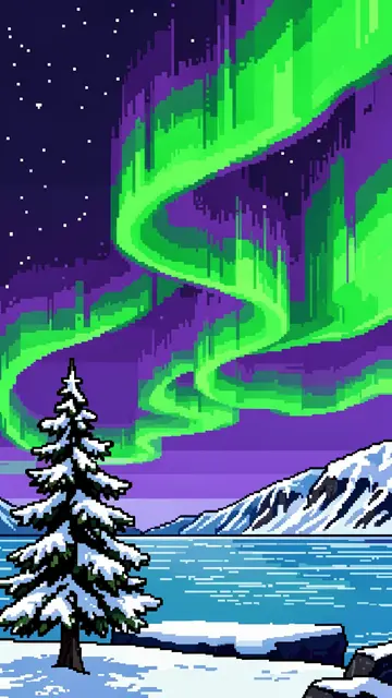 Retro 16-bit pixel art of rippling green and purple aurora above a snowy pine and frozen fjord