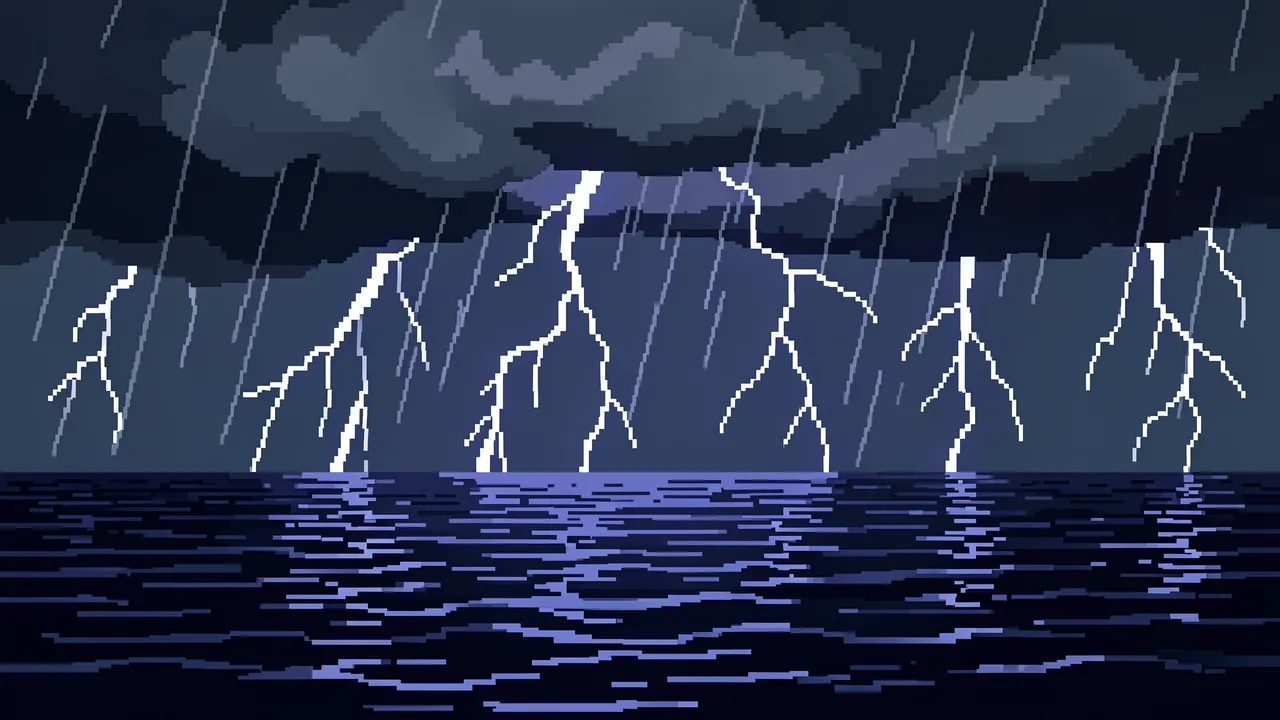 16-bit pixel art of a thunderstorm with forked lightning striking over a dark choppy sea under heavy rain clouds
