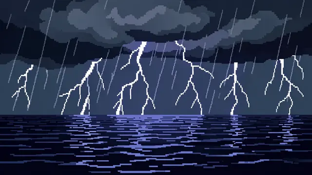 16-bit pixel art of a thunderstorm with forked lightning striking over a dark choppy sea under heavy rain clouds