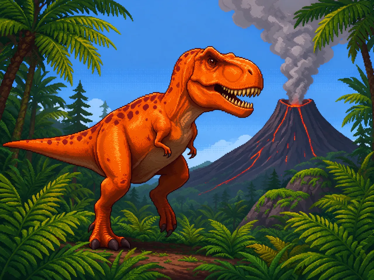Retro 16-bit pixel art of an orange spotted T. rex standing in a fern jungle near a smoking active volcano