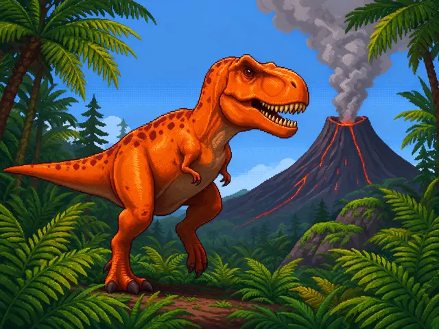 Retro 16-bit pixel art of an orange spotted T. rex standing in a fern jungle near a smoking active volcano