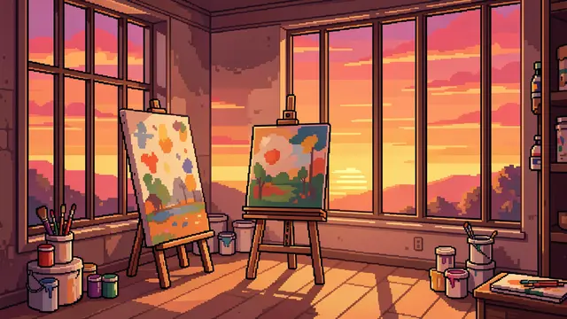 16-bit pixel art view of an empty painting studio with easels, paint supplies, and tall windows showing a warm sunset sky