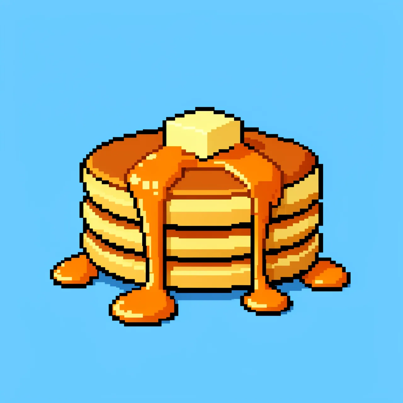 Retro 16-bit pixel art stack of pancakes with melting butter and dripping maple syrup on a sky blue background