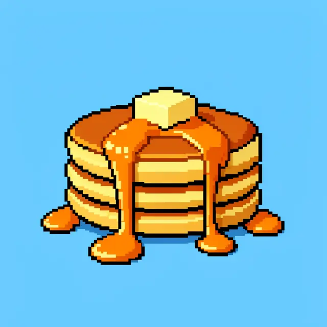 Retro 16-bit pixel art stack of pancakes with melting butter and dripping maple syrup on a sky blue background