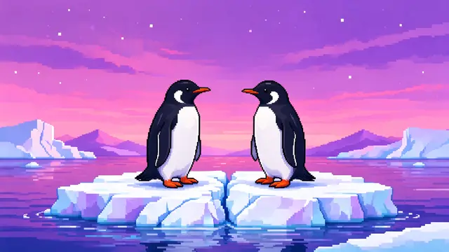 Two pixel art penguins face each other on adjacent ice floes under a pink and violet polar night sky