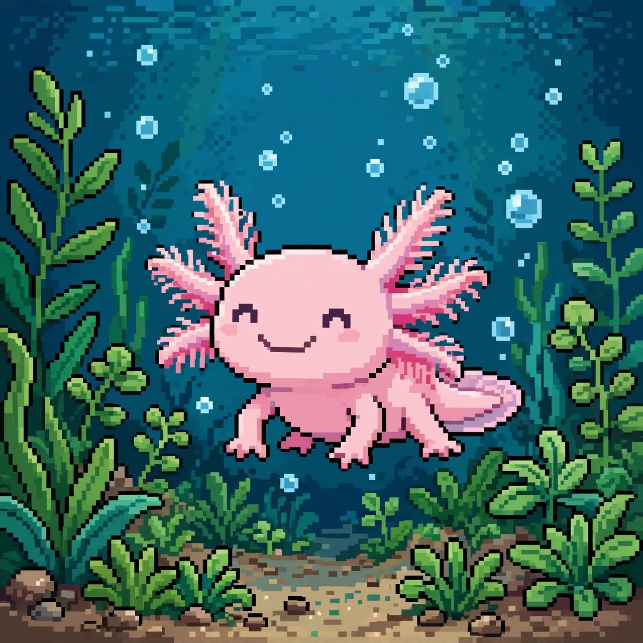 A cute smiling pink axolotl floats underwater among green sea plants and rising bubbles in retro 16-bit pixel art style