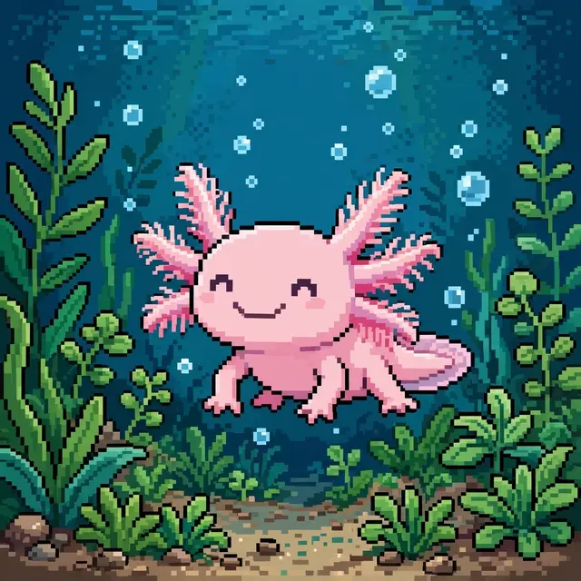 A cute smiling pink axolotl floats underwater among green sea plants and rising bubbles in retro 16-bit pixel art style