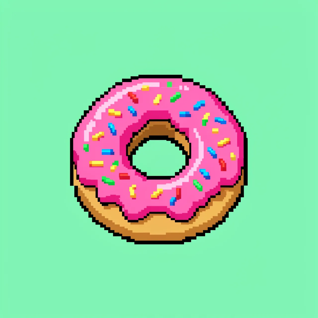 Retro 8-bit pixel art of a pink frosted donut with rainbow sprinkles centered on a solid mint green background