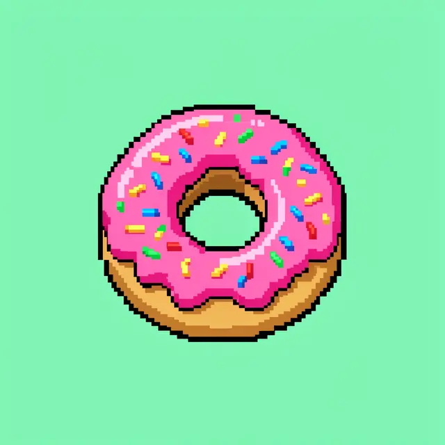 Retro 8-bit pixel art of a pink frosted donut with rainbow sprinkles centered on a solid mint green background