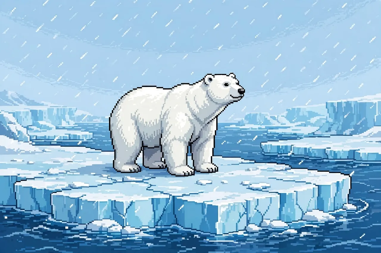 A retro 16-bit pixel art polar bear stands on floating sea ice under a pale blue snowy sky
