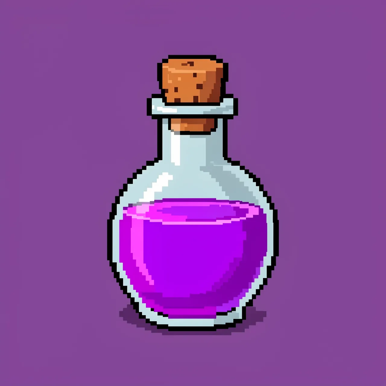16-bit pixel art sprite of a corked round potion bottle with glowing purple liquid on a plum background
