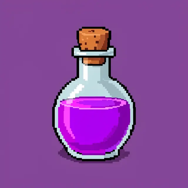 16-bit pixel art sprite of a corked round potion bottle with glowing purple liquid on a plum background