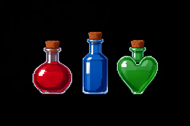 Three pixel art corked potion bottles in a row on a solid black background