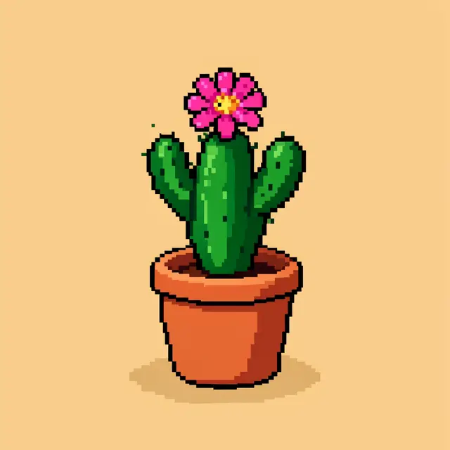 16-bit pixel art sprite of a green potted cactus with a pink flower in a terracotta pot on a light sand background