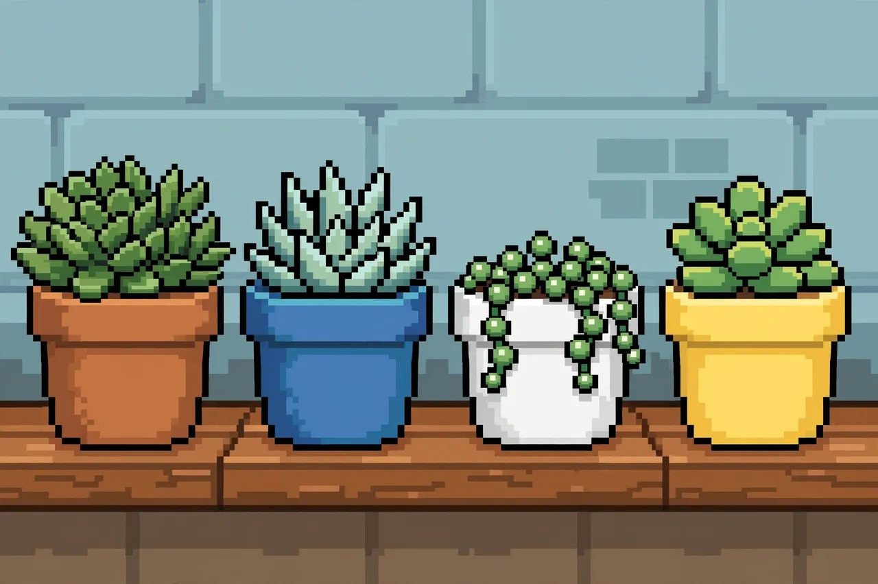 Four potted succulents in colored pots sit in a row on a wooden shelf in retro 16-bit pixel art style