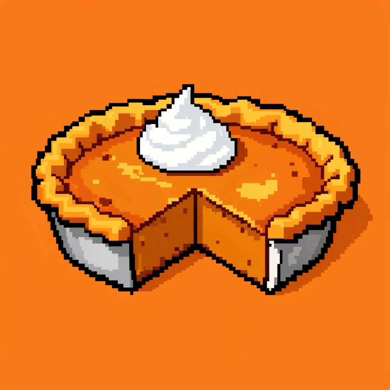 16-bit pixel art of a pumpkin pie with a cutout slice and whipped cream on a solid orange background