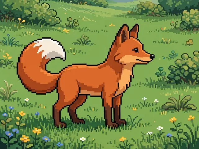 Side view 16-bit pixel art red fox with a bushy white-tipped tail standing in a flowered green meadow