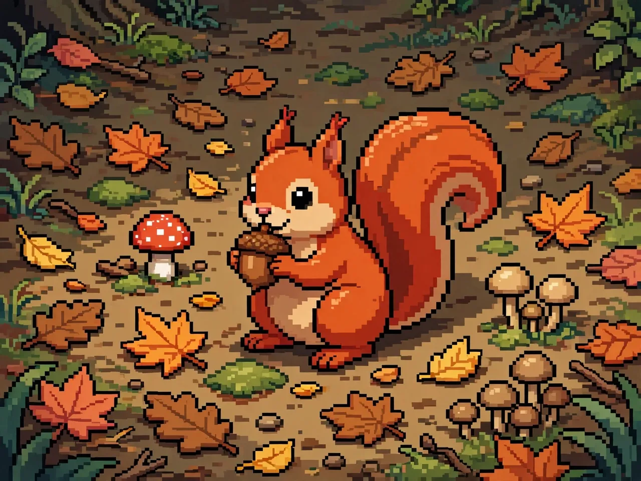 Retro 16-bit pixel art red squirrel holding an acorn on an autumn forest floor with fallen leaves and mushrooms