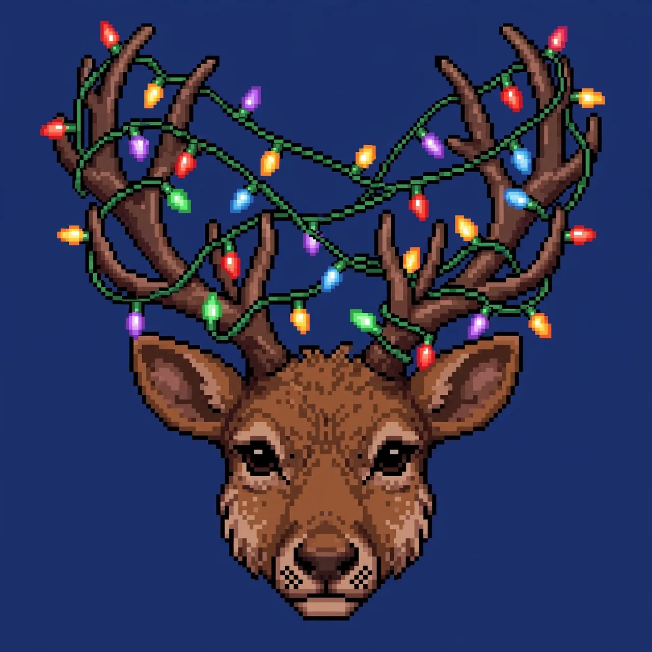 16-bit pixel art of a reindeer head with antlers tangled in colorful Christmas lights against a dark blue background