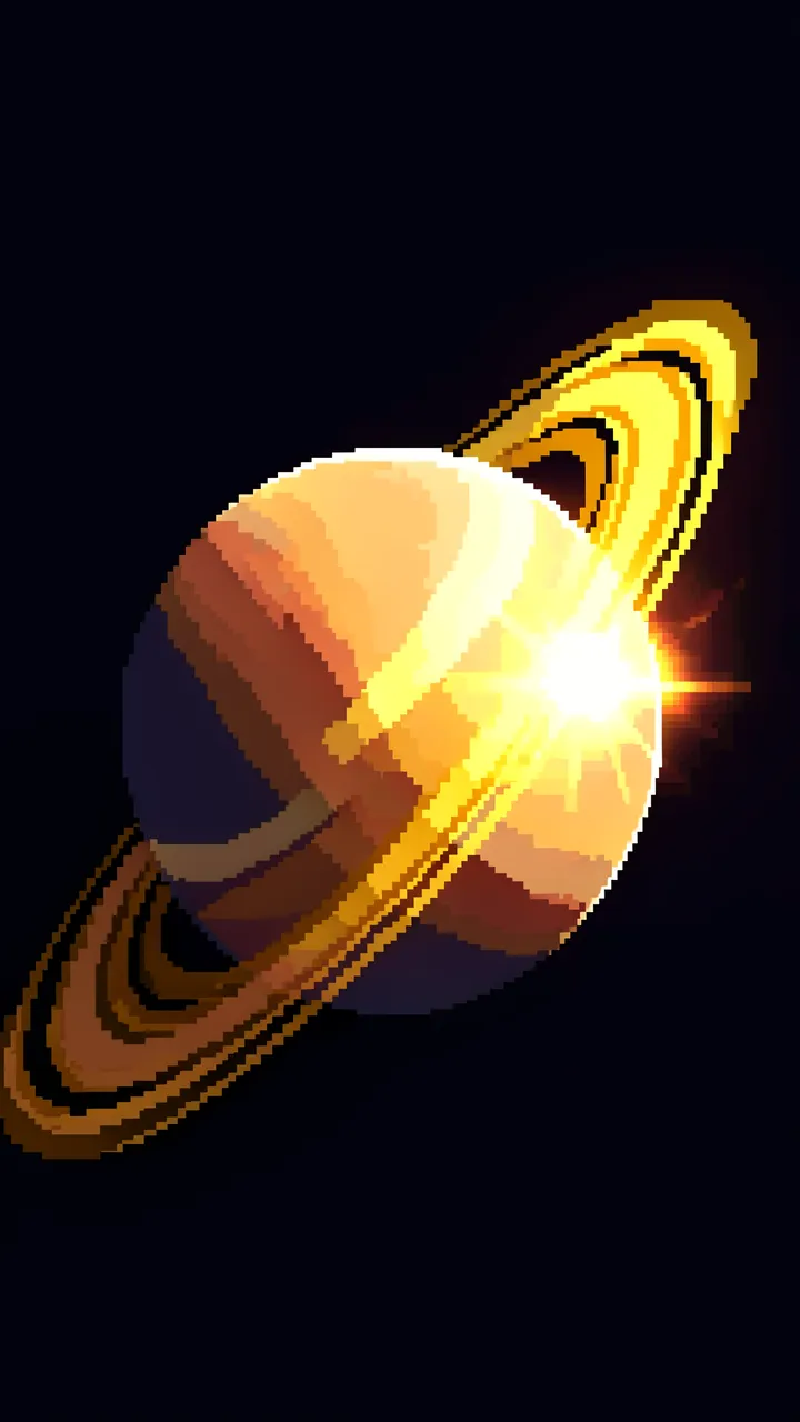 Retro 16-bit pixel art of a ringed planet with golden rings, half in shadow, and a sun flare along its edge against dark
