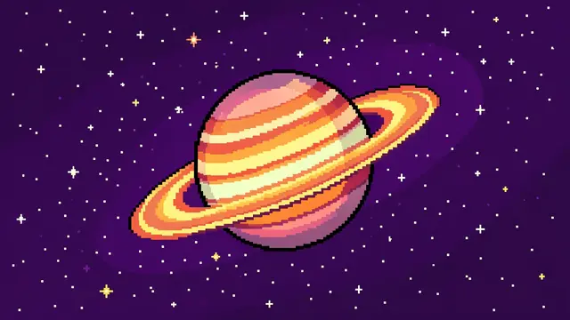 Retro 16-bit pixel art ringed planet floats amid stars in deep purple outer space