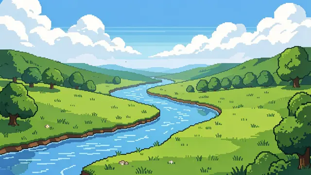 16-bit pixel art of a winding river cutting through a green grass valley under fluffy noon clouds