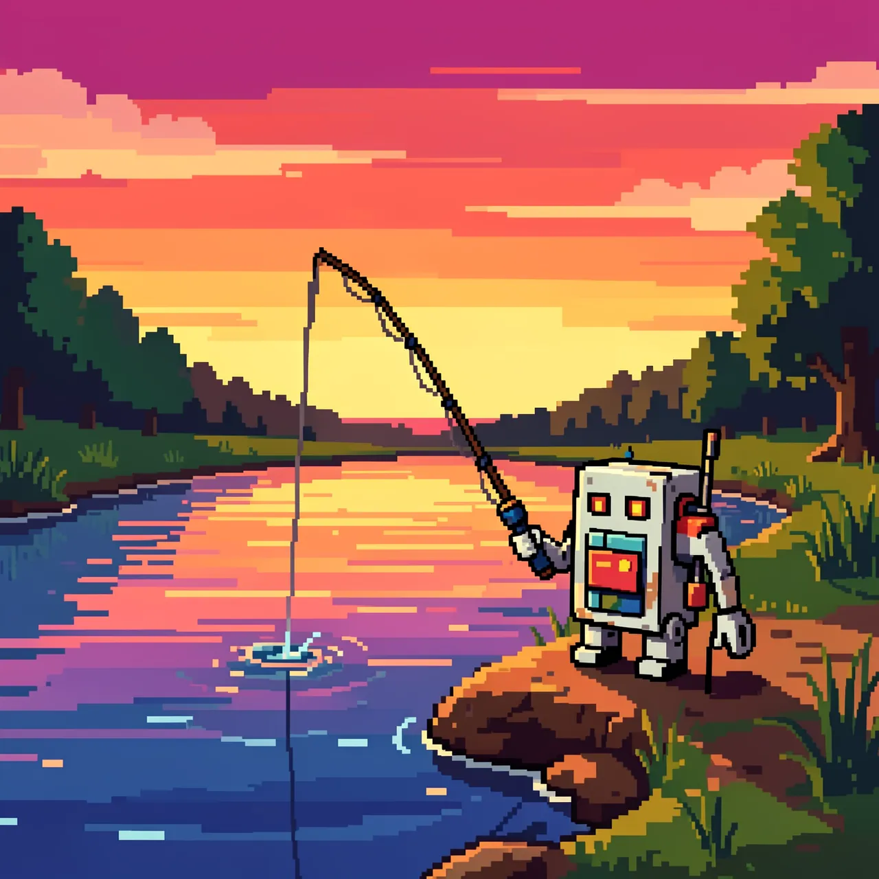 A retro pixel art small robot holds a fishing rod on a riverbank under a vibrant sunset sky