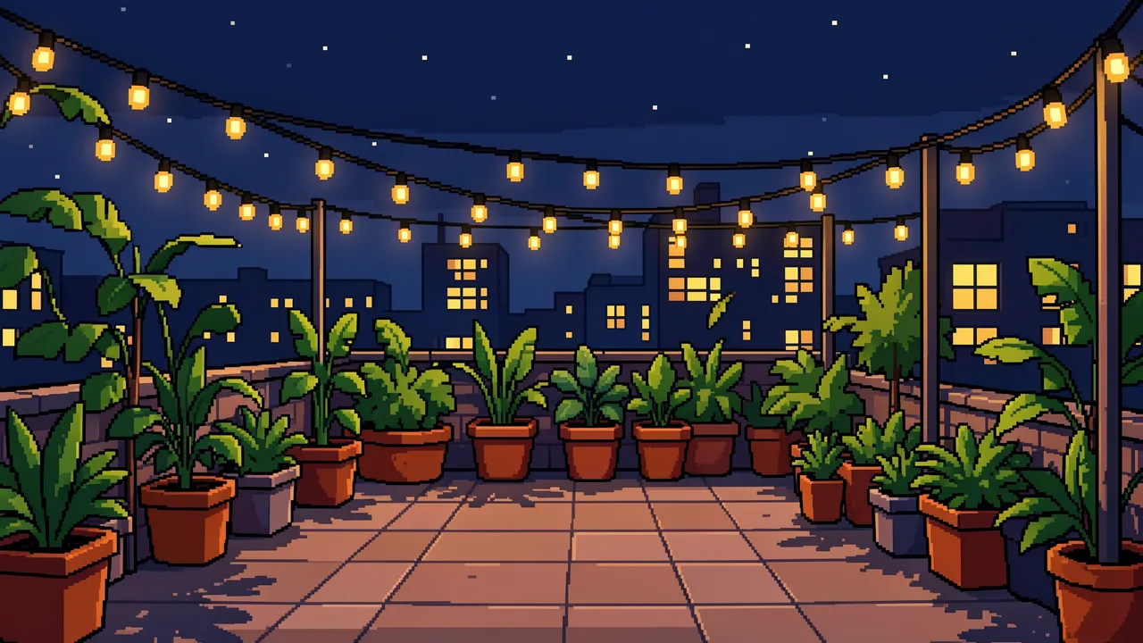 16-bit pixel art rooftop garden at night with string lights, potted plants and distant lit city windows