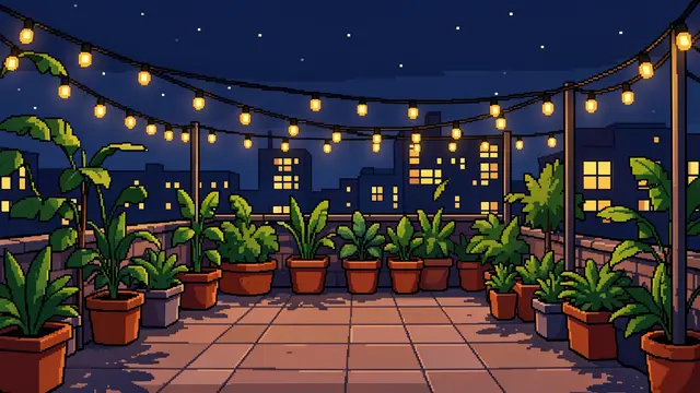 16-bit pixel art rooftop garden at night with string lights, potted plants and distant lit city windows