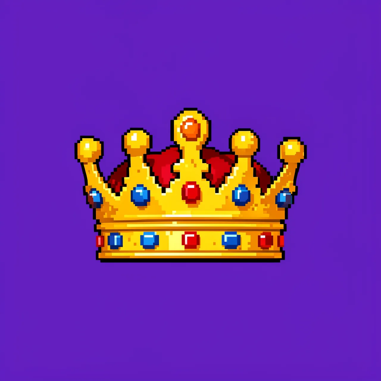 A 16-bit pixel art golden crown set with red and blue jewels rests on a solid royal purple background.