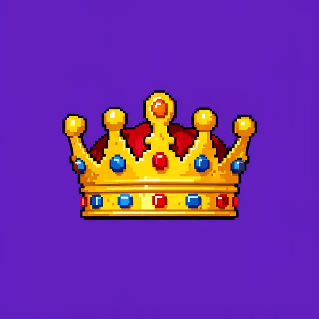 A 16-bit pixel art golden crown set with red and blue jewels rests on a solid royal purple background.