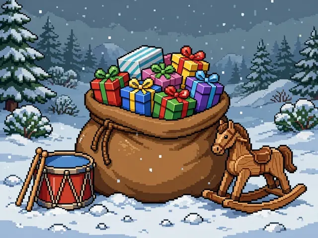 16-bit pixel art shows an overflowing brown sack of wrapped holiday gifts next to a toy drum and wooden rocking horse in