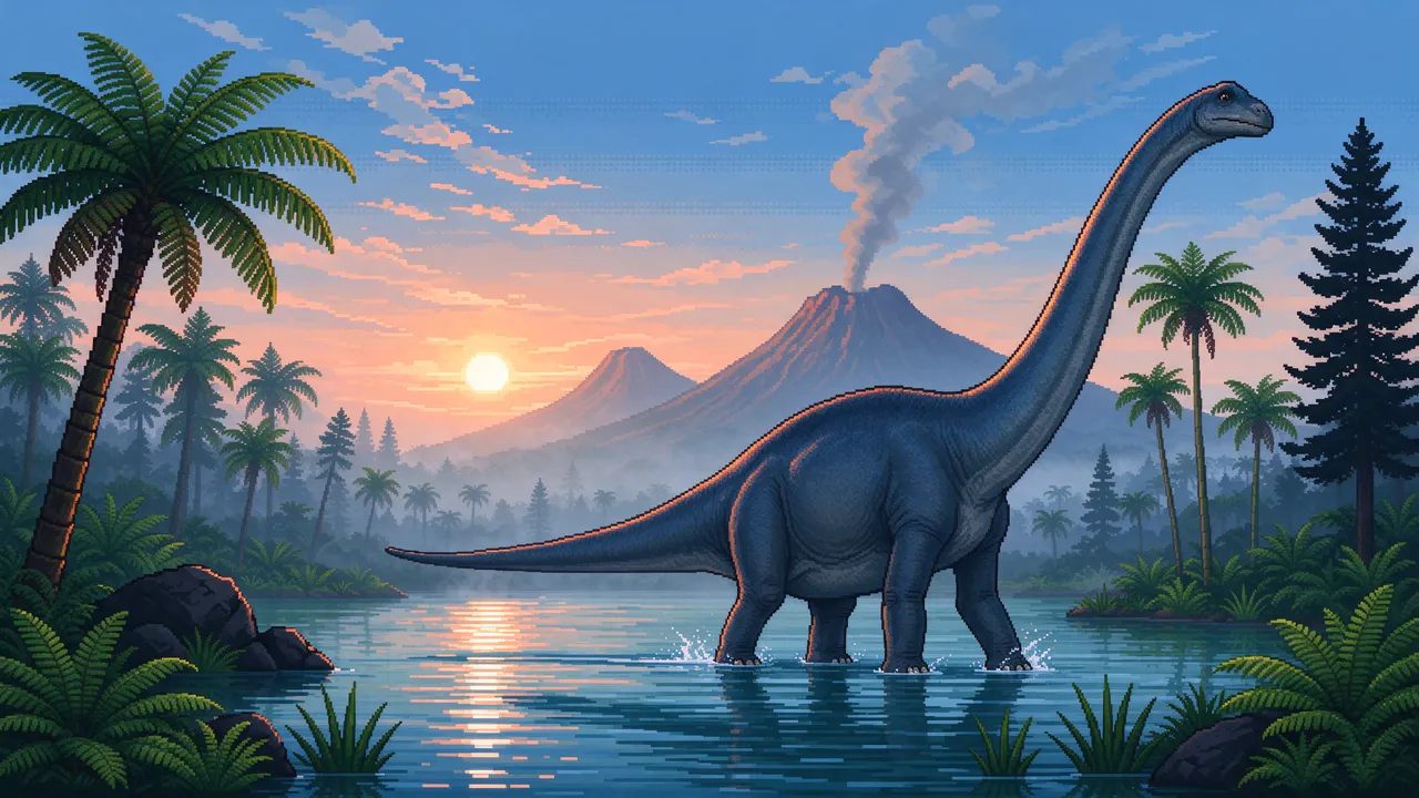 16-bit pixel art of a long-necked sauropod wading in a misty prehistoric lake at sunrise