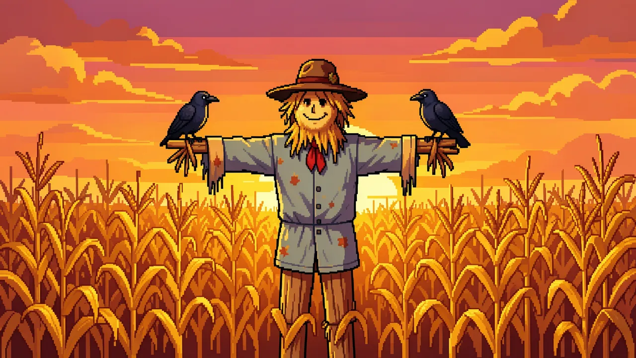 Retro pixel art scarecrow stands in a golden cornfield with two crows perched on its arms at sunset