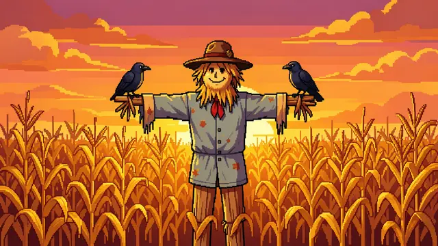 Retro pixel art scarecrow stands in a golden cornfield with two crows perched on its arms at sunset