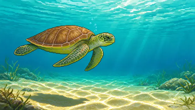 Retro pixel art sea turtle swims over a sunlit sandy turquoise seabed with rippling light rays