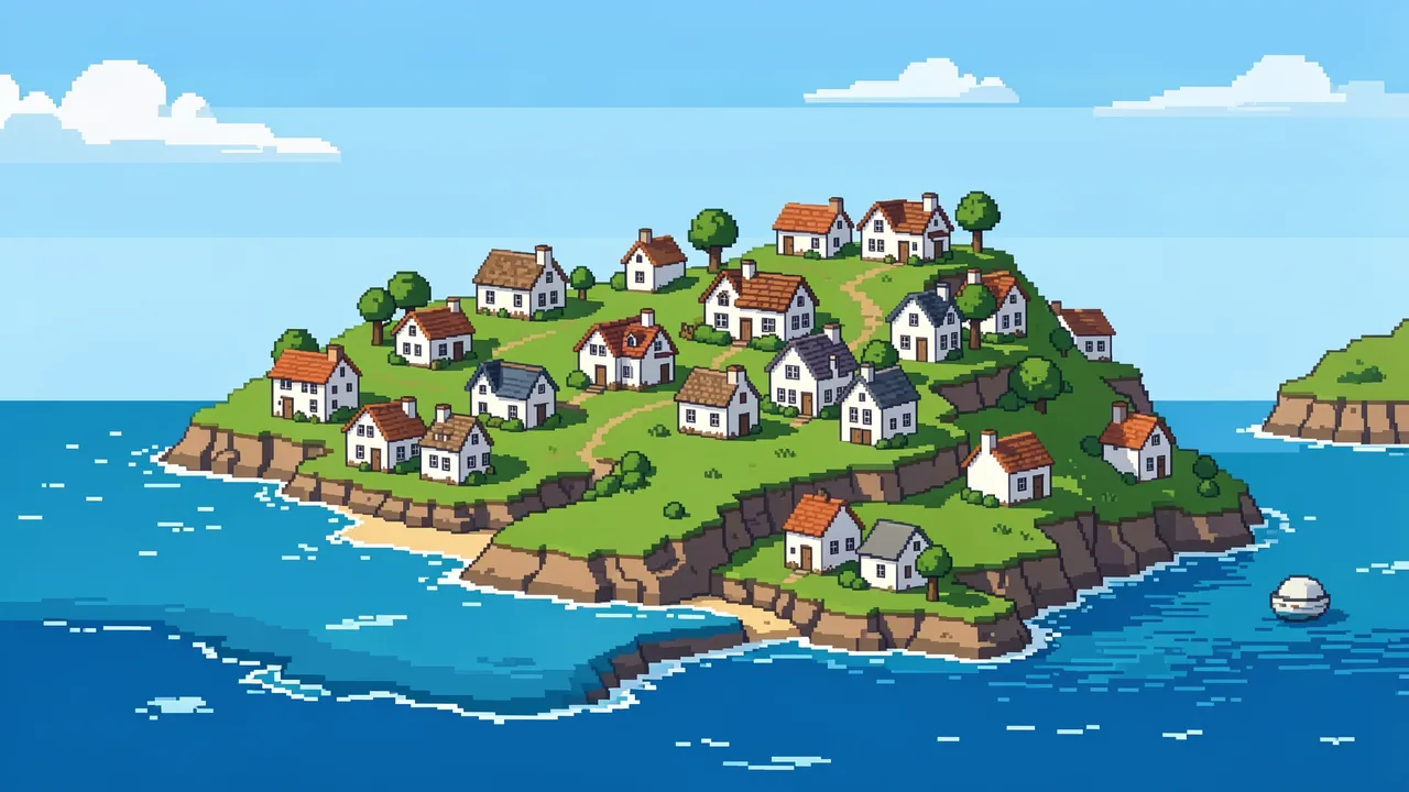 Retro 16-bit pixel art of a small island covered in white cottages surrounded by bright blue ocean on a sunny day