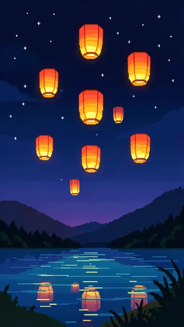Glowing pixel art sky lanterns rise above a calm lake under a starry night sky with distant hills.