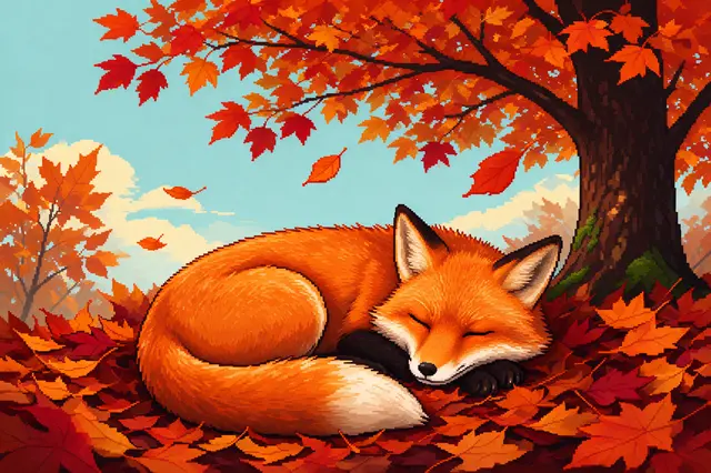 A curled sleeping red fox rests on fall leaves under a pixel art maple tree