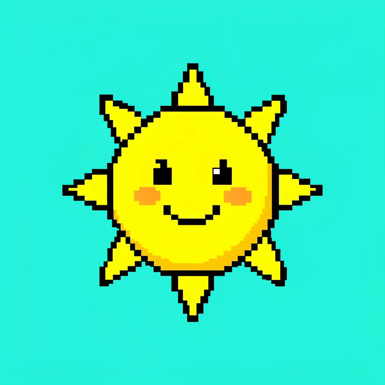 Retro 8-bit pixel art of a smiling yellow sun with triangular rays on a plain turquoise background