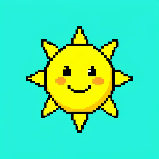 Retro 8-bit pixel art of a smiling yellow sun with triangular rays on a plain turquoise background