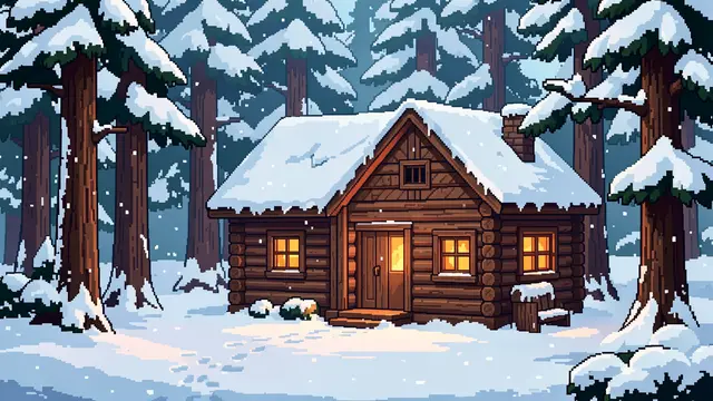 A cozy log cabin with glowing warm windows sits in a snow-covered pine forest in retro 16-bit pixel art style