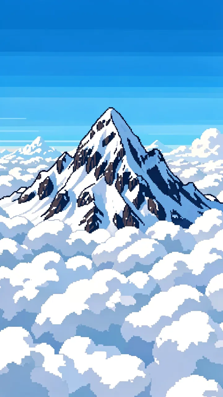 Retro 16-bit pixel art of a snow-capped mountain rising above a sea of clouds under a bright blue sky