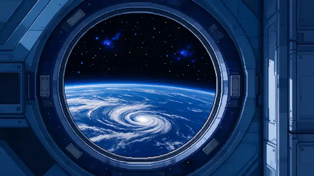 Round space station window frames a blue ocean planet, swirling clouds and distant starry nebula space