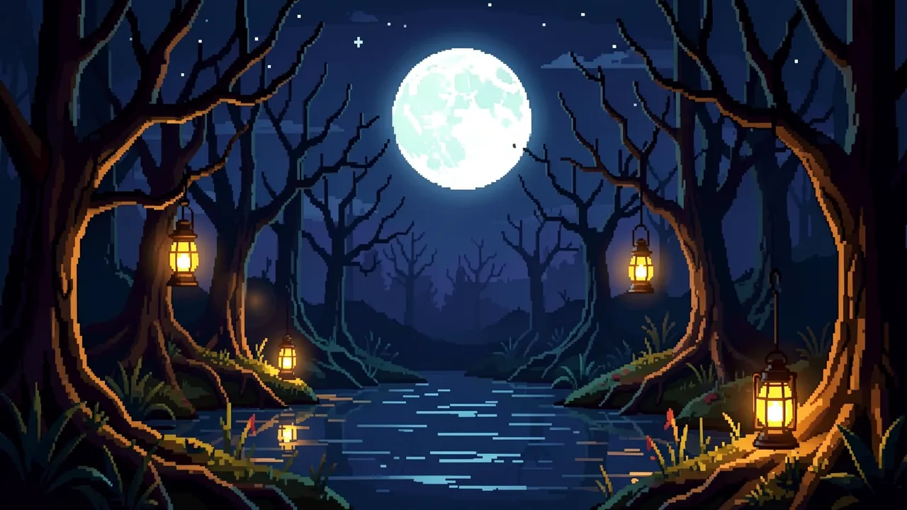 16-bit pixel art of a night swamp with glowing lanterns, bare trees, and a bright full moon overhead