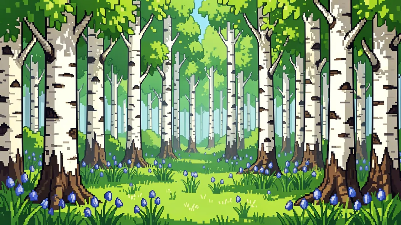 Retro 16-bit pixel art of a spring birch forest with fresh green leaves and bluebell flowers under a bright sky