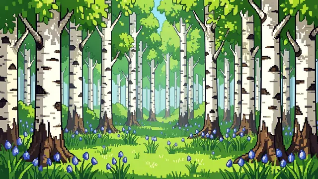 Retro 16-bit pixel art of a spring birch forest with fresh green leaves and bluebell flowers under a bright sky